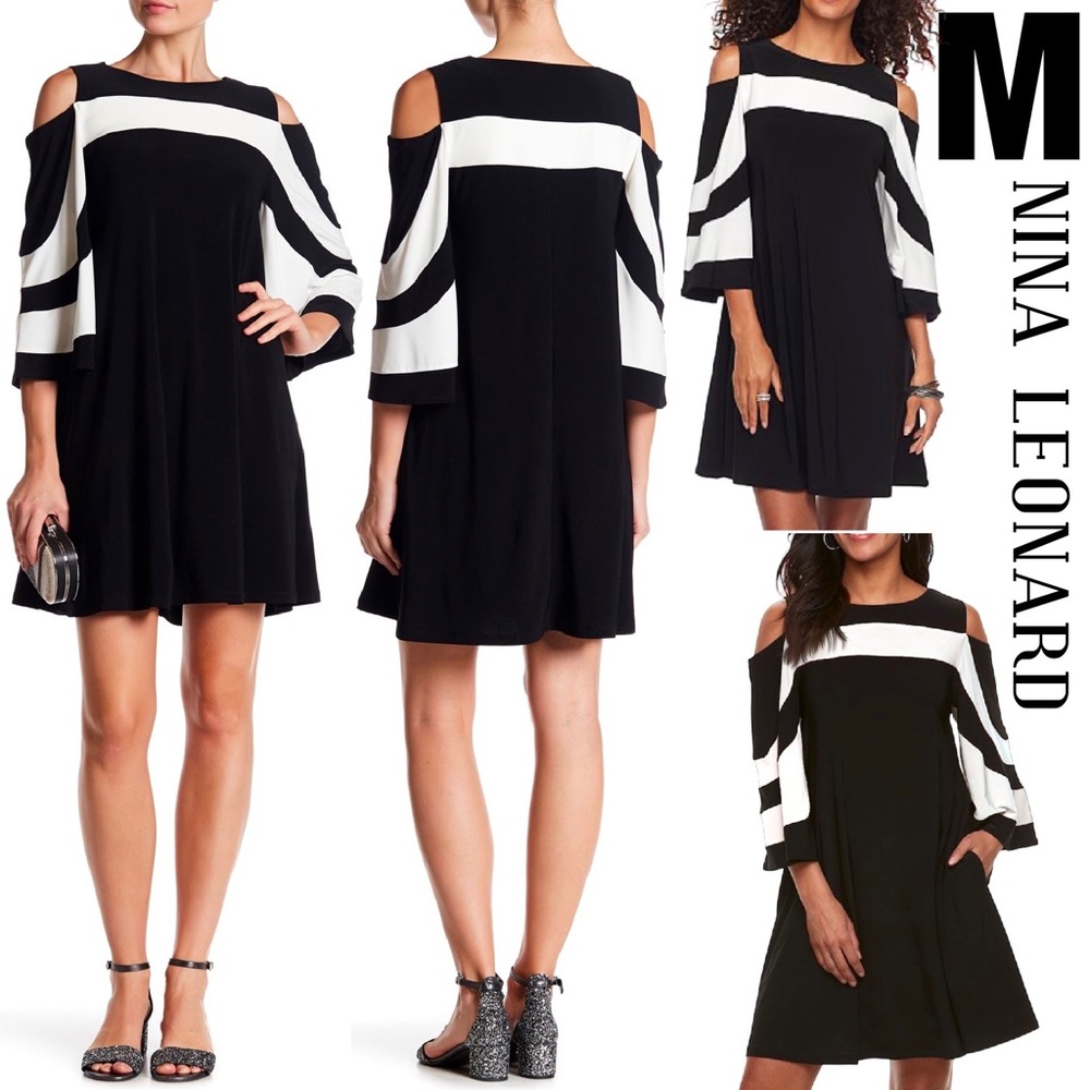 NWOT Contrast Cold Shoulder Black & White Drape Dress MEDIUM